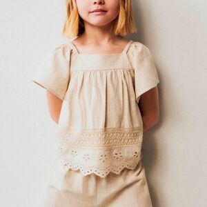 Zara cream beige embroidered square neck sleeve top